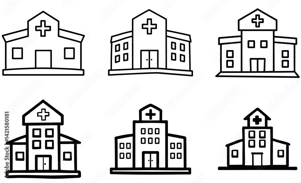 Hand Drawn Hospital Building Icons Set – Medical Clinic Outline Vector Collection Hand Drawn Hospital Building Icons Set – Medical Clinic Outline Vector Collection
