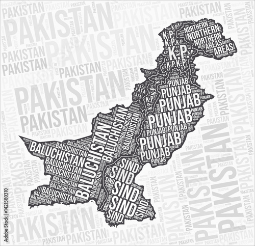 Pakistan regions map word cloud. Pakistan region names. Black and white map design. Elegant vector illustration.