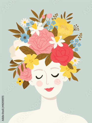 Greeting card featuring an elegant woman a bouquet flowers on head. Concept your blooming. Perfect for Mothers Day cards, birthdays, banners, posters, invitations etc. Vector illustration.