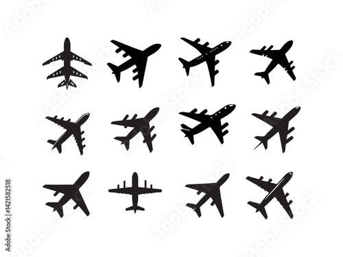 A collection of various airplane silhouettes, perfect for use in travel websites, presentations, or apps.