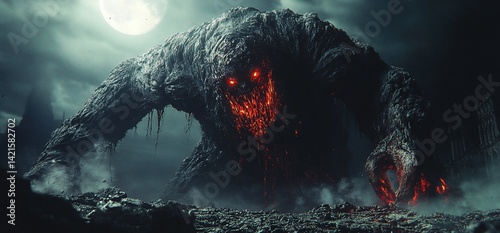 Enigmatic titan's descent: an infernal guardian emerging from the abyss under moonlight