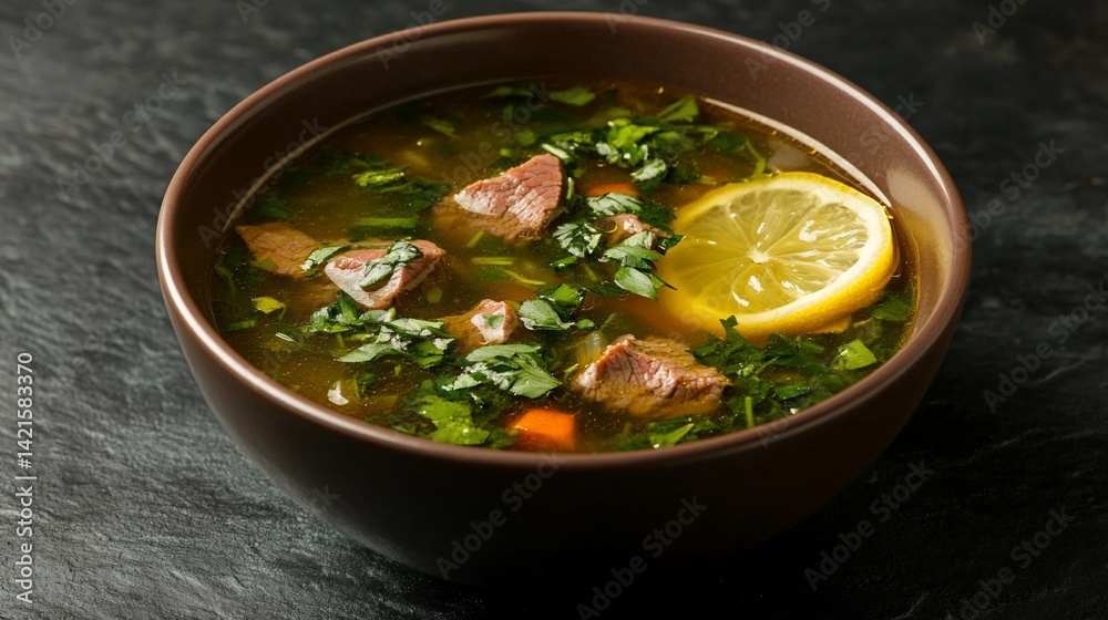 Delicious and Nutritious Beef Soup with Lemon and Fresh Herbs close up Delicious and Nutritious Beef Soup with Lemon and Fresh Herbs close up