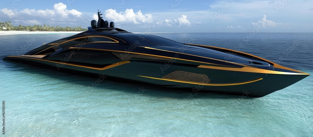Sleek, black & gold luxury yacht in turquoise waters