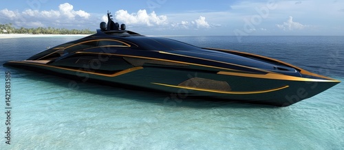 Sleek, black & gold luxury yacht in turquoise waters