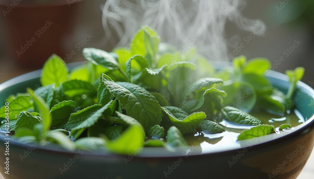 Herbal tea preparation with fresh mint leaves steaming in a bowl