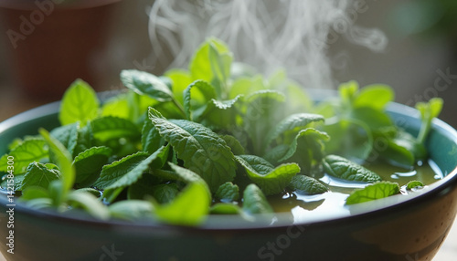Obraz na płótnie Herbal tea preparation with fresh mint leaves steaming in a bowl w salonie