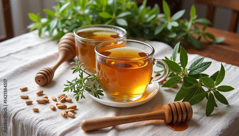 Herbal tea preparation with honey and herbs in a cozy setting