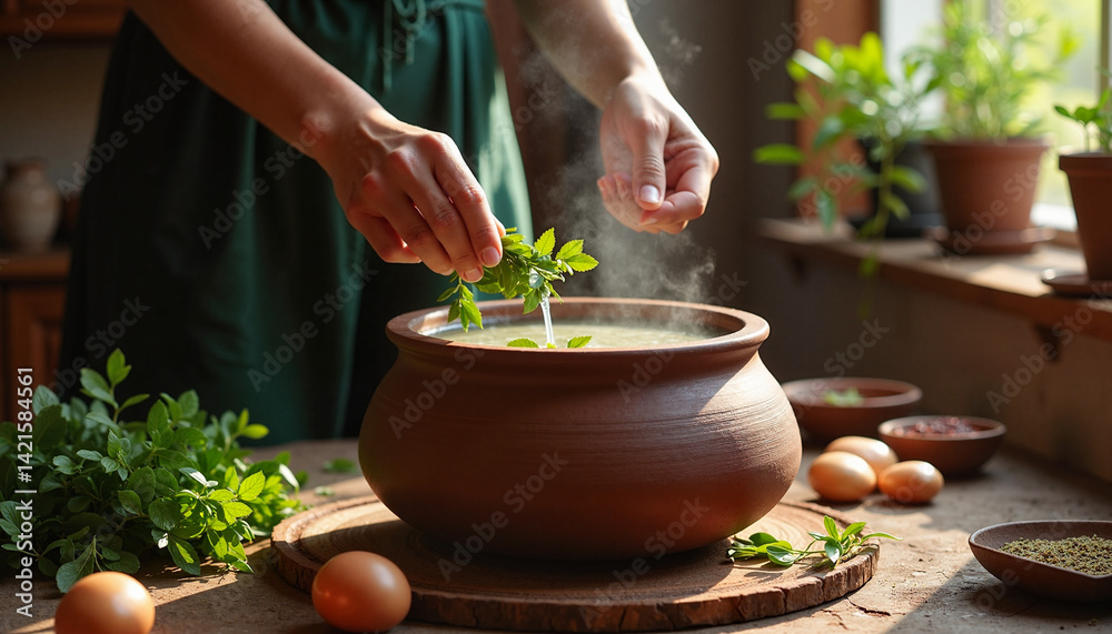 Herbal Tea Preparation with Fresh Herbs in a Rustic Kitchen