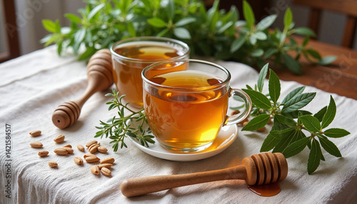 Obraz na płótnie Herbal tea preparation with honey and herbs in a cozy setting w salonie