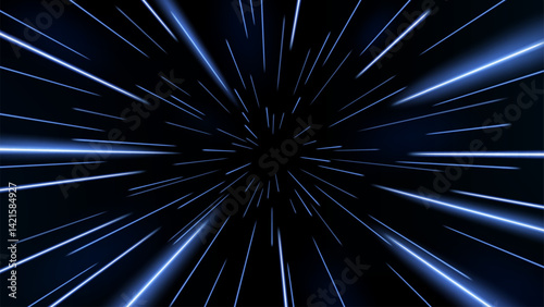 Blue Rays Zoom in Motion Effect, Speed Light Color Trails, Vector Illustration