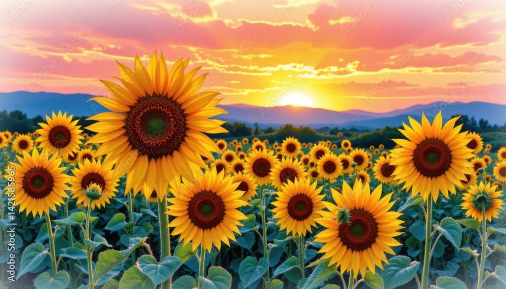 Fototapeta premium Sunflower field at sunset nature photography vibrant landscape serene environment wide angle view floral beauty
