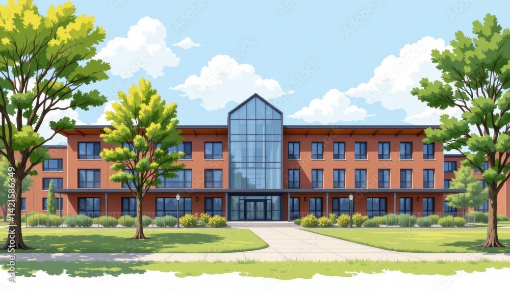 Obraz premium Building design showcase urban environment architectural illustration modern structure bright daylight contemporary aesthetics