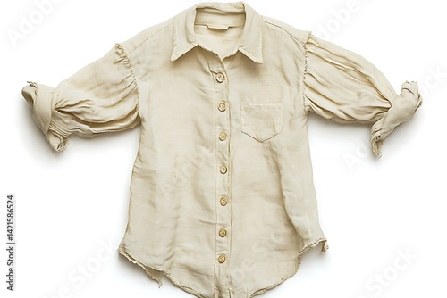 A beige buttoned shirt isolated on white background, wrinkled and for sale as used clothing