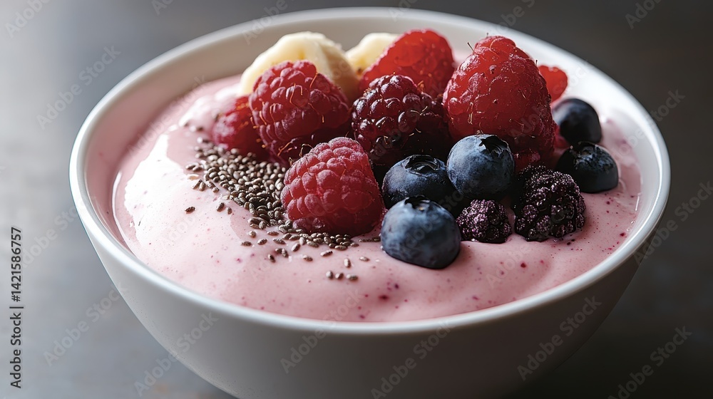 This vivid yogurt bowl is adorned with an assortment of berries and chia seeds, representing a nutritious snack or breakfast option that energizes and uplifts the spirit. This vivid yogurt bowl is adorned with an assortment of berries and chia seeds, representing a nutritious snack or breakfast option that energizes and uplifts the spirit.