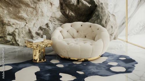 Luxurious cream armchair and gold accent table in modern cave-like living room