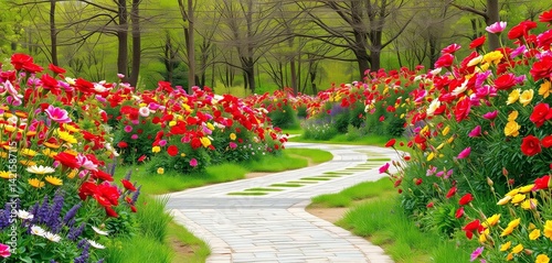 Meandering paved path through vibrant spring flowers, walkway, pathway