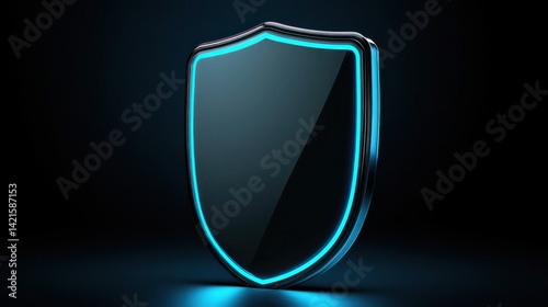 Futuristic Black Shield with Neon Blue Outline on Dark Background