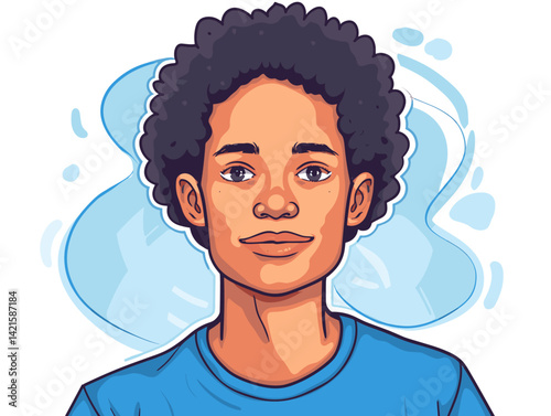Vector illustration of a young black woman in a blue T-shirt.
