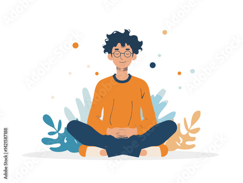 Young man sitting in lotus position and meditating. Flat vector illustration.