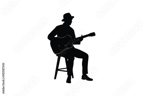 Silhouette art design of a man playing an acoustic guitar and sitting on a stool.eps