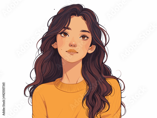 Vector illustration of a beautiful young woman with long curly hair in a yellow sweater.