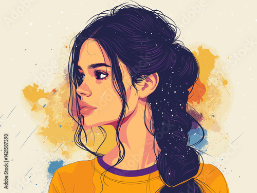 Beautiful girl with long hair. Vector illustration in sketch style.