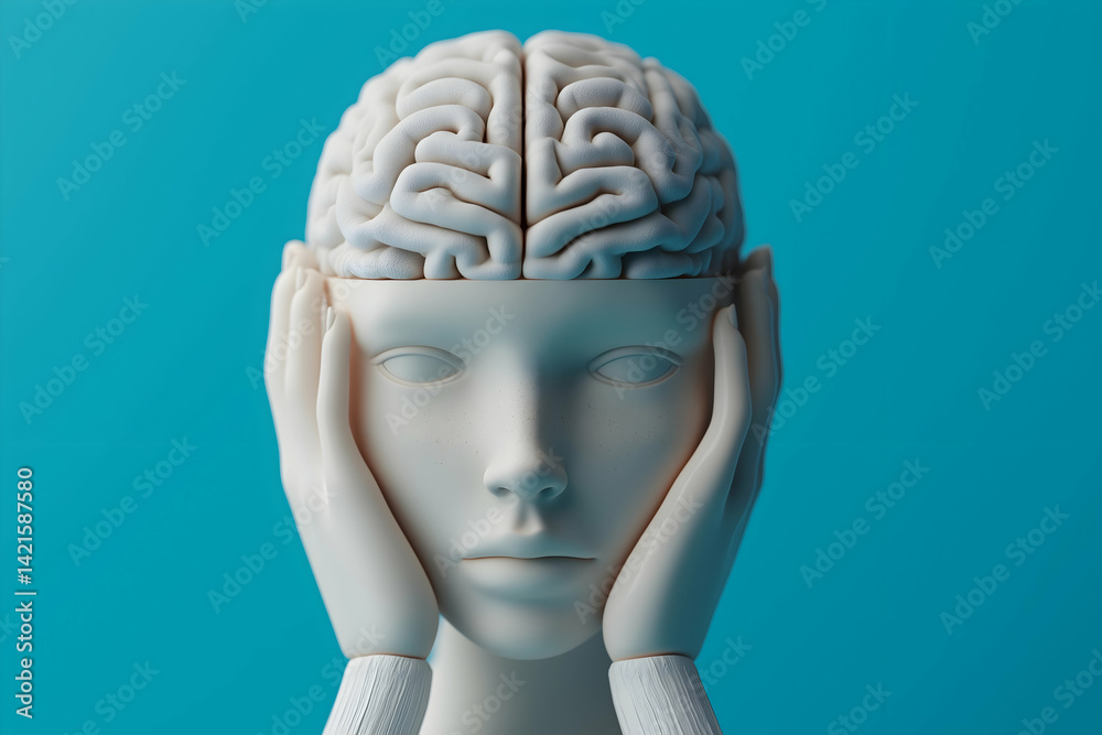 Obraz premium A mannequin with a brain for a head holds its face, symbolizing a blend of human thought and artificial intelligence against a blue backdrop.