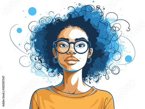 Portrait of a beautiful young black woman with curly hair. Vector illustration.