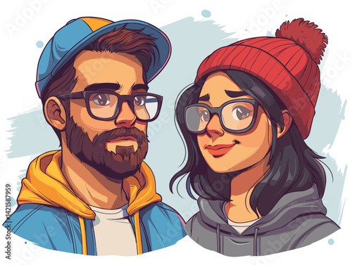 Couple of hipster man and woman in warm clothes. Vector illustration
