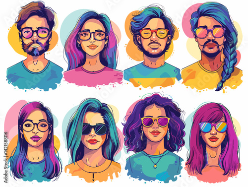 Group of hipster men and women with different hairstyles. Vector illustration.