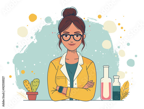 Illustration of a young woman scientist. Vector illustration in a flat style.
