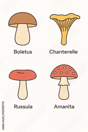 Forest mushroom chart vector with boletus, chanterelle, russula, amanita