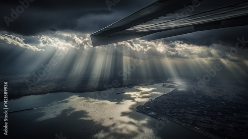 Aerial View of Clouds and Sunlight Over Water from Airplane Window