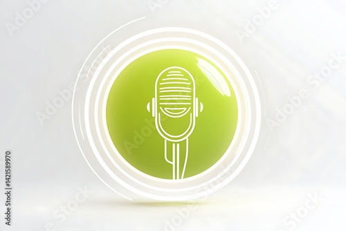 Minimal glowing white mic icon for voice recognition inside green circular bubble on white background, 4K