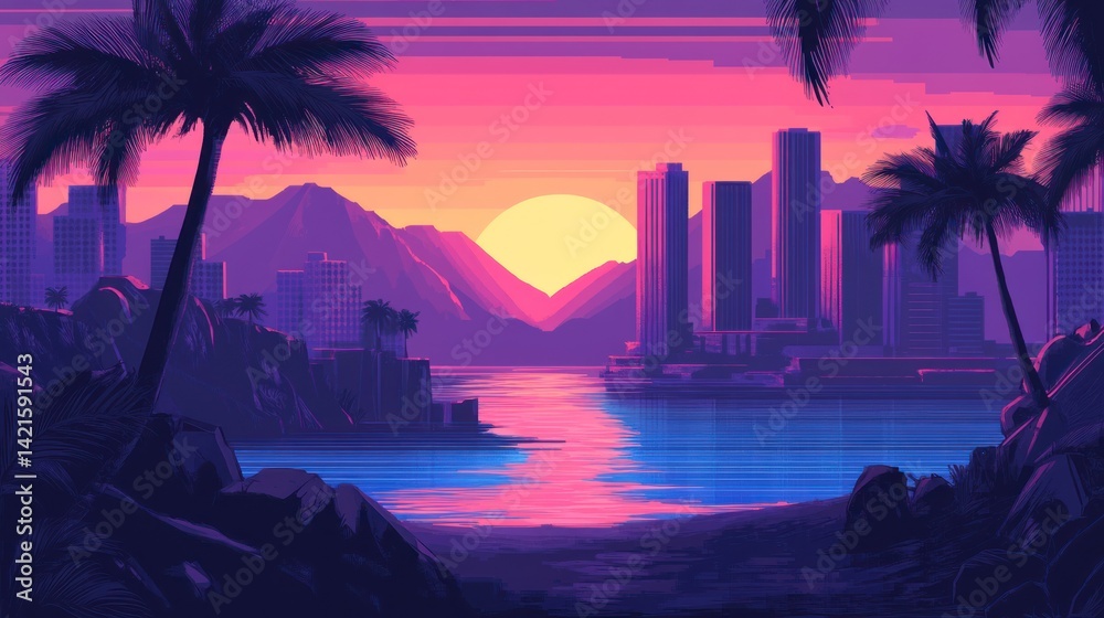 Vibrant sunset cityscape by the sea. Lush tropical vegetation meets modern architecture in a vibrant, stylized illustration