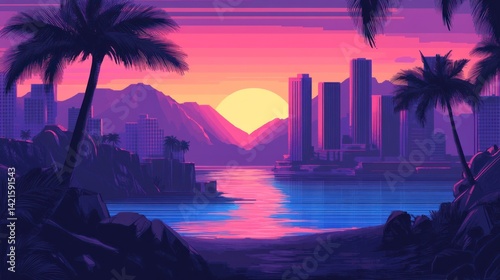 Obraz na płótnie Vibrant sunset cityscape by the sea. Lush tropical vegetation meets modern architecture in a vibrant, stylized illustration w salonie