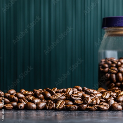 A stylish jar filled with coffee beans surrounded by loose beans on a rustic wooden surface