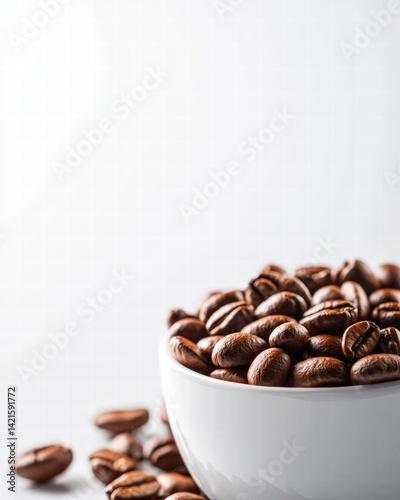Elegant white bowl filled with premium coffee beans against a light background for a clean look
