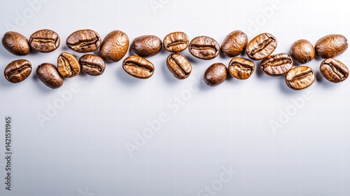 Raw coffee beans beautifully arranged on a clean white background enhancing their natural appeal