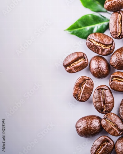 Coffee beans nestled alongside a green leaf creating a beautiful contrast in color and texture