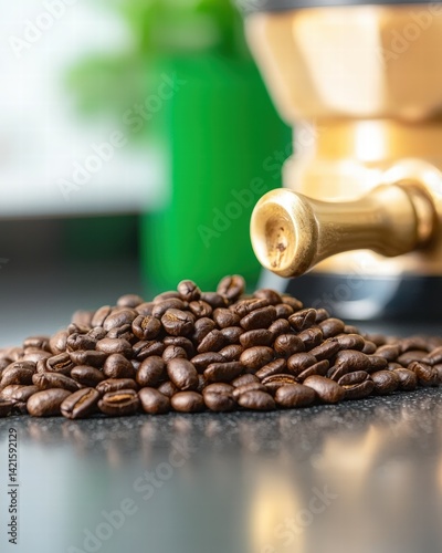 Coffee beans spilled on a countertop surrounded by kitchen elements evoking a cozy coffee moment