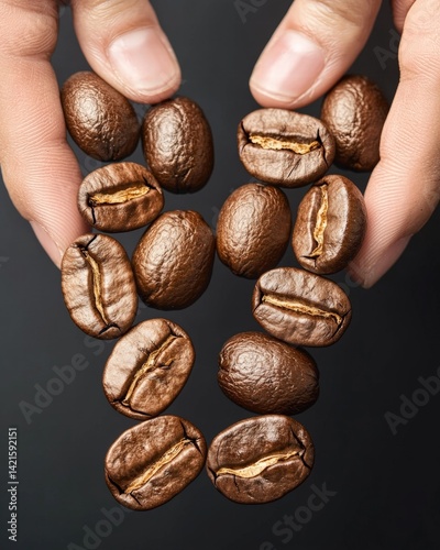 A handful of coffee beans being generously held as a symbol of rich flavor and coffee culture