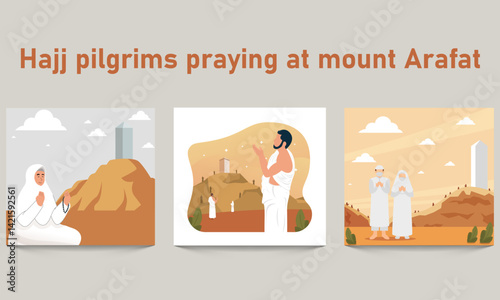 Hajj Pilgrims Praying at Mount Arafat Illustration – Islamic Worship Art for Hajj.