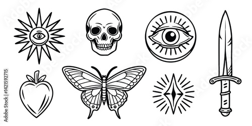 Tattoo Style Skull Sun Eye Heart Butterfly Dagger Vector Illustration Set