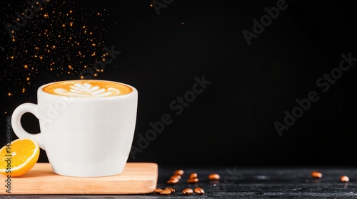 A delightful cup of coffee accompanied by a fresh slice of orange adding a zesty twist