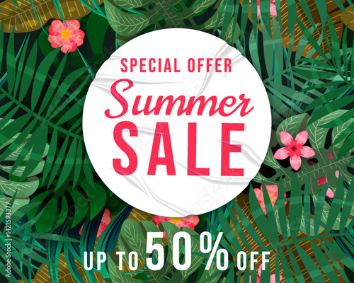 Summer Sale Template background tropical plants, flowers and leaves