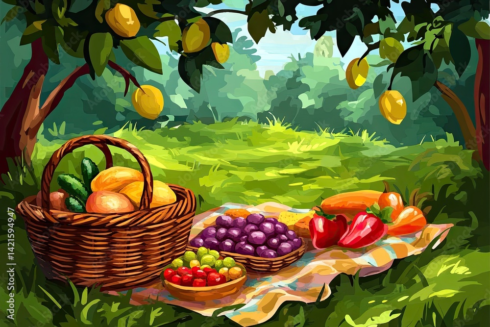 Fruit basket picnic in garden