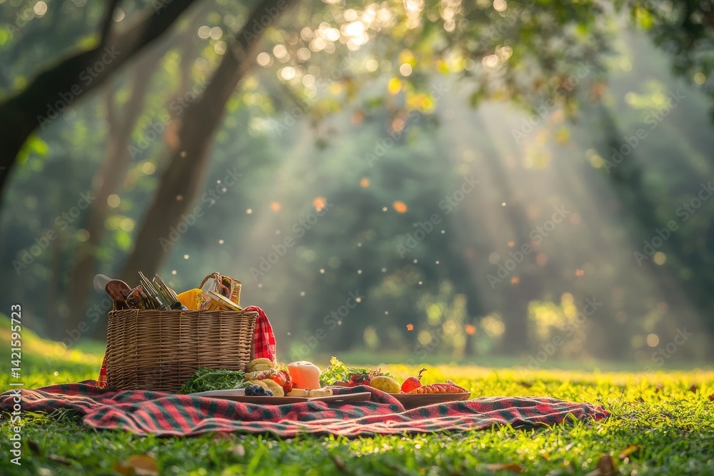 Picnic basket on checkered blanket in park
