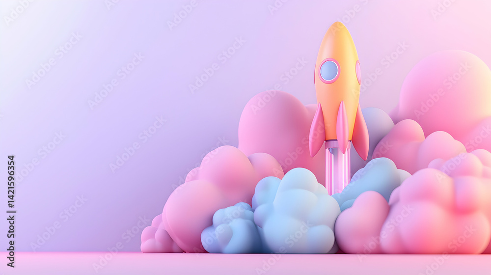 Pastel Pink and Blue Rocket Launching Through Clouds 3D Render Pastel Pink and Blue Rocket Launching Through Clouds 3D Render