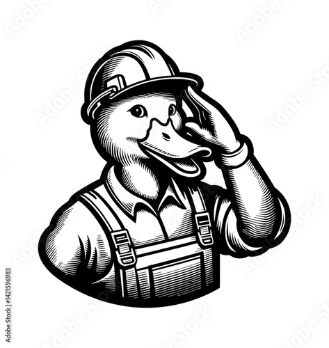Cartoon Birds Duck Teal Goose Swan as Construction Worker Builder Laborer with Hardhat